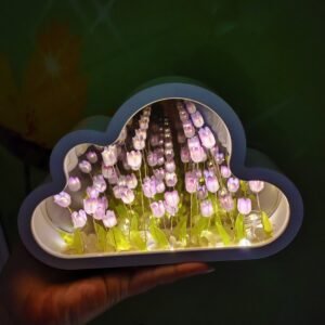 DIY Multifunctional Tulip LED Night Light & Mirror Photo Frame - Handmade Bedroom Decor & Birthday Gift with Material Packages for 10/20 Pink, Blue, Purple Tulips - Finished Products Available