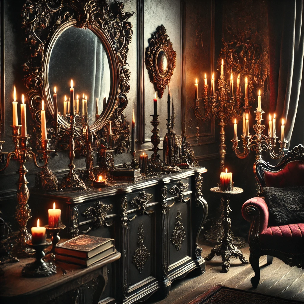 A moody, vintage gothic home interior featuring baroque-style furniture, ornate candelabras, and a vintage mirror reflecting warm candlelight. The décor includes dark colors like black and deep red, creating an inviting and mysterious atmosphere that embodies the gothic lifestyle.